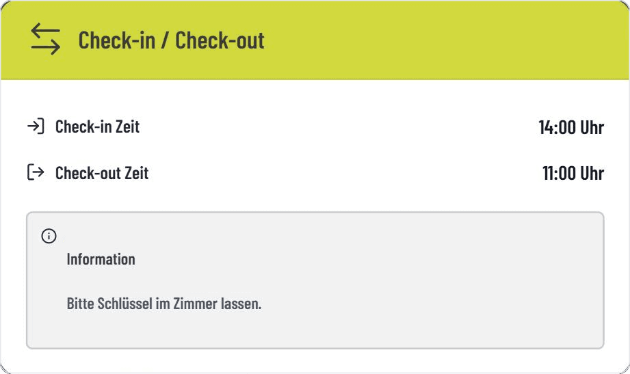 Check-in- und Check-out-Zeit sowie Hinweis zur Schlüsselübergabe im GASTiNFO.EU Widget