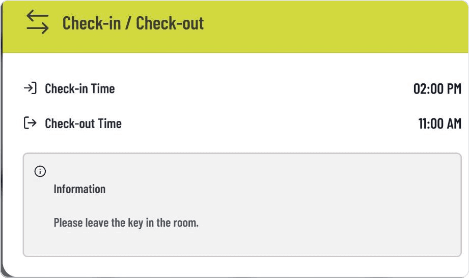 Check-in and check-out time plus a key handover note in the GASTiNFO.EU widget