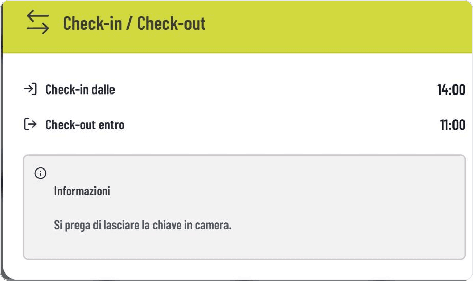 Orario di check-in e check-out e nota sulla consegna delle chiavi nel widget di GASTiNFO.EU