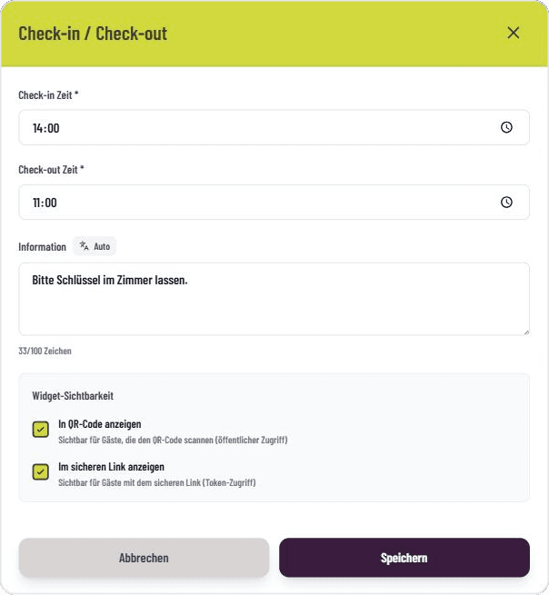 Check-in- und Check-out-Zeiten sowie Zusatzinfo im GASTiNFO.EU Dashboard hinterlegen