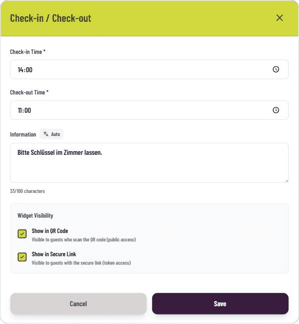 Entering check-in and check-out times and an optional note in the GASTiNFO.EU dashboard
