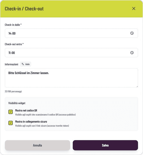 Inserimento di orari di check-in e check-out e nota facoltativa nel dashboard di GASTiNFO.EU