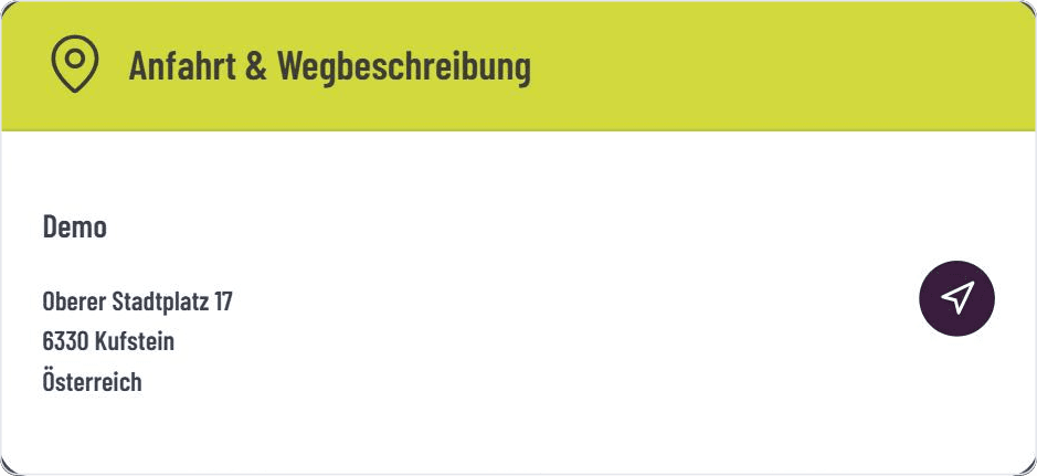 Adresse mit Ein-Klick-Navigation im GASTiNFO.EU Anfahrt-Widget