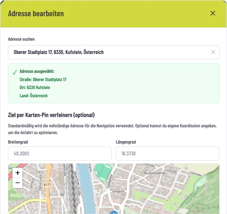 Adresse und Kartenvorschau im GASTiNFO.EU Dashboard hinterlegen