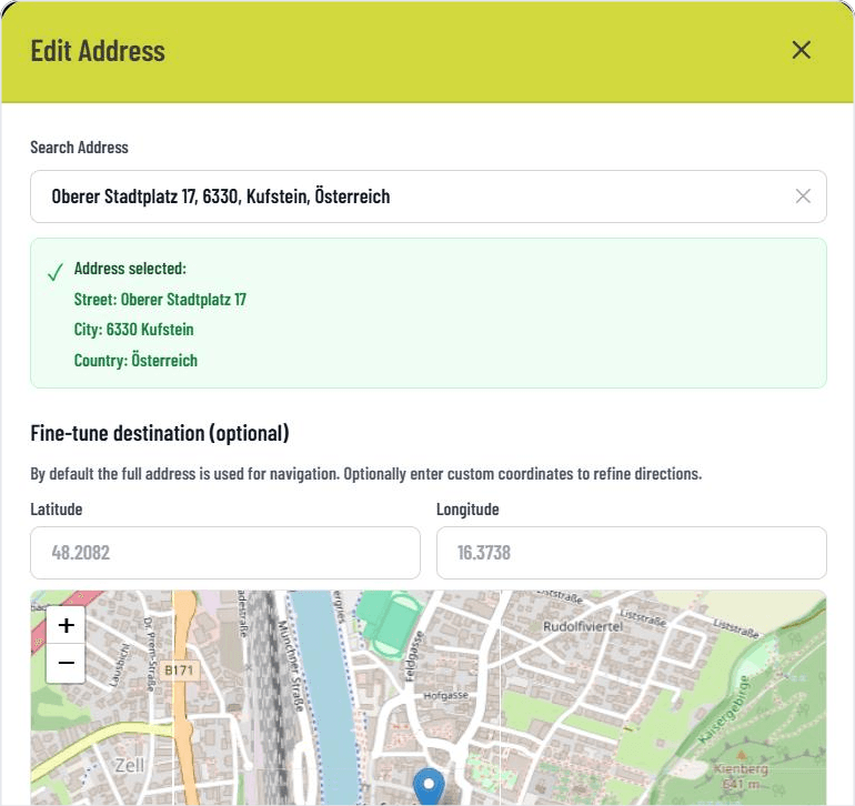 Entering the address and map preview in the GASTiNFO.EU dashboard