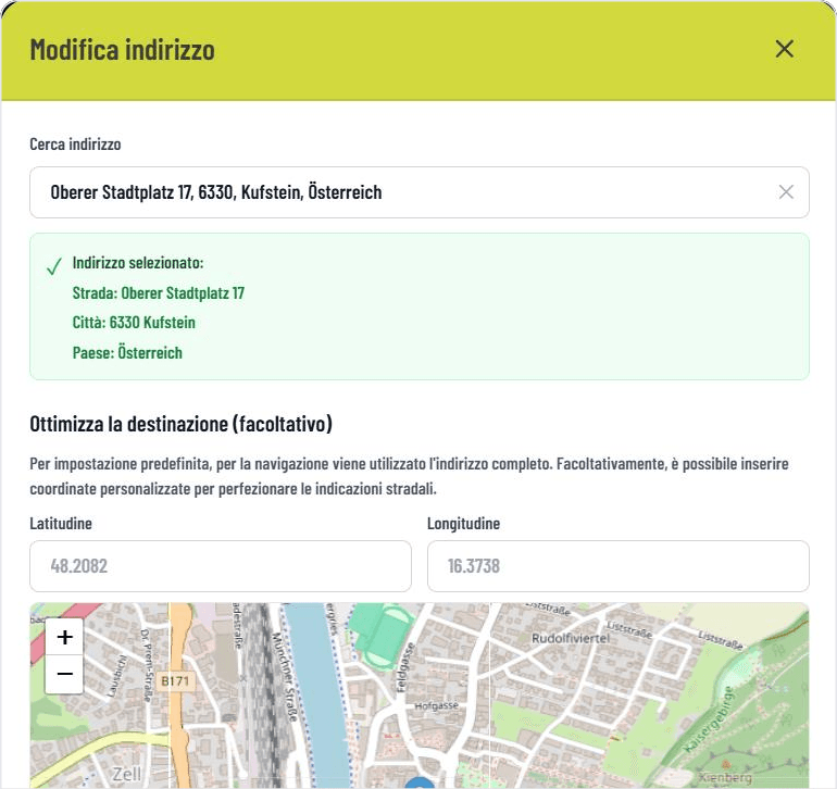 Inserimento dell'indirizzo e anteprima della mappa nel dashboard di GASTiNFO.EU