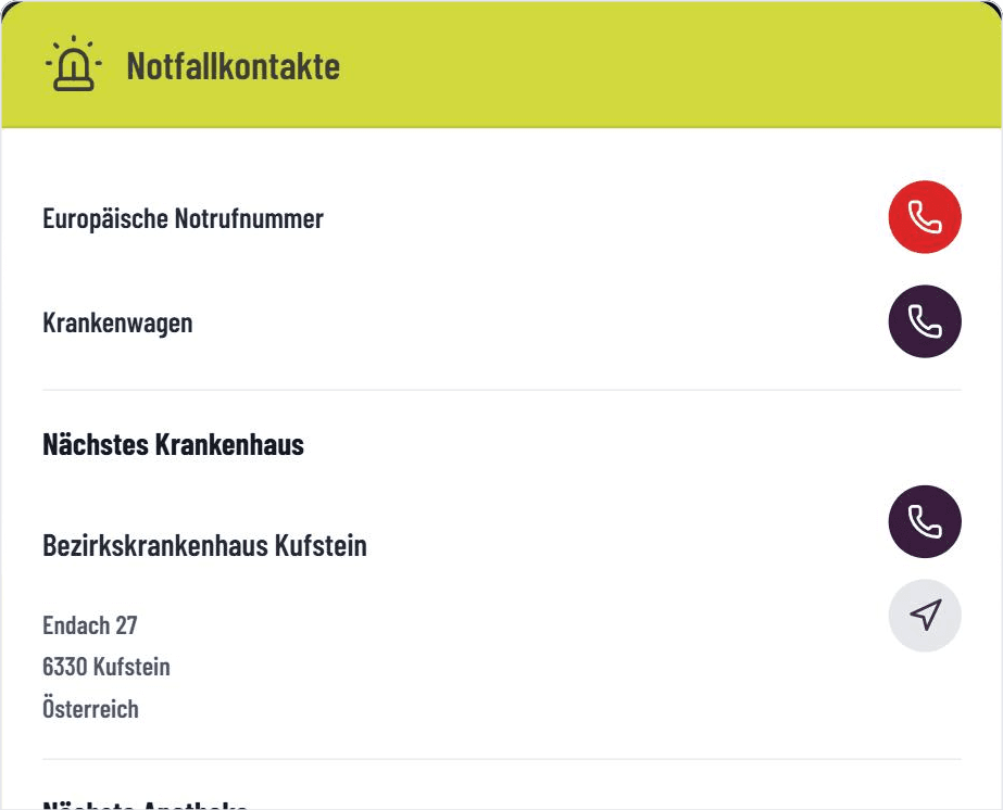 Notrufnummern und nächstes Krankenhaus mit Anruf- und Navigations-Button im GASTiNFO.EU Widget