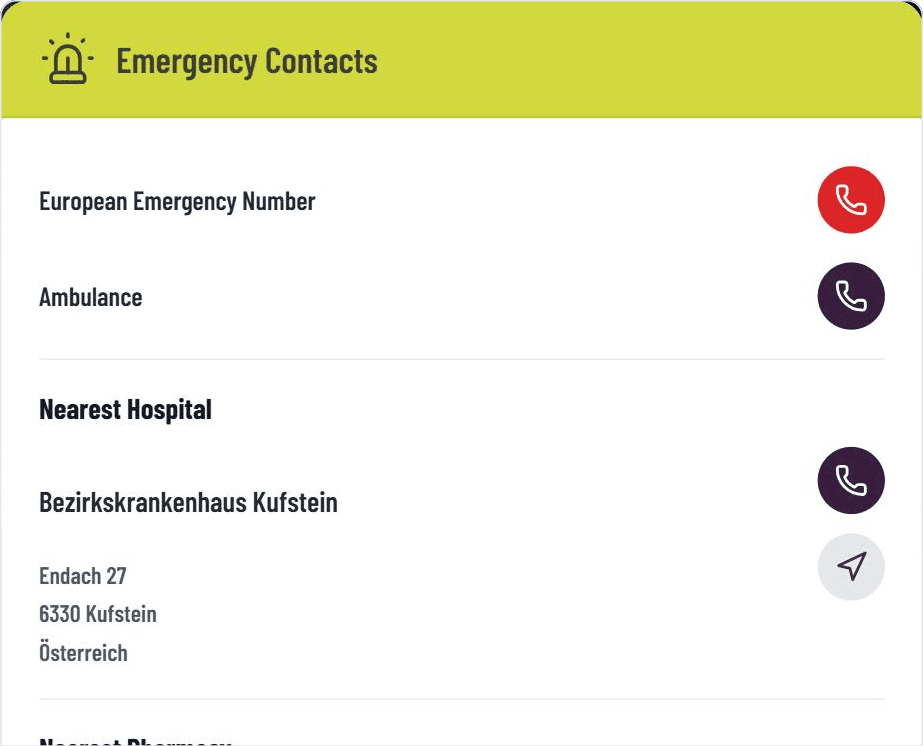 Emergency numbers and nearest hospital with call and navigation buttons in the GASTiNFO.EU widget