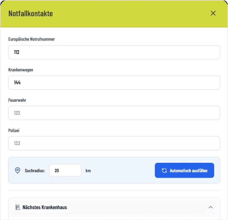 Notrufnummern und automatische Suche nach Krankenhaus, Apotheke und Kinderarzt im GASTiNFO.EU Dashboard