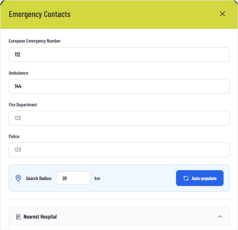 Emergency numbers and auto-search for hospital, pharmacy and pediatrician in the GASTiNFO.EU dashboard