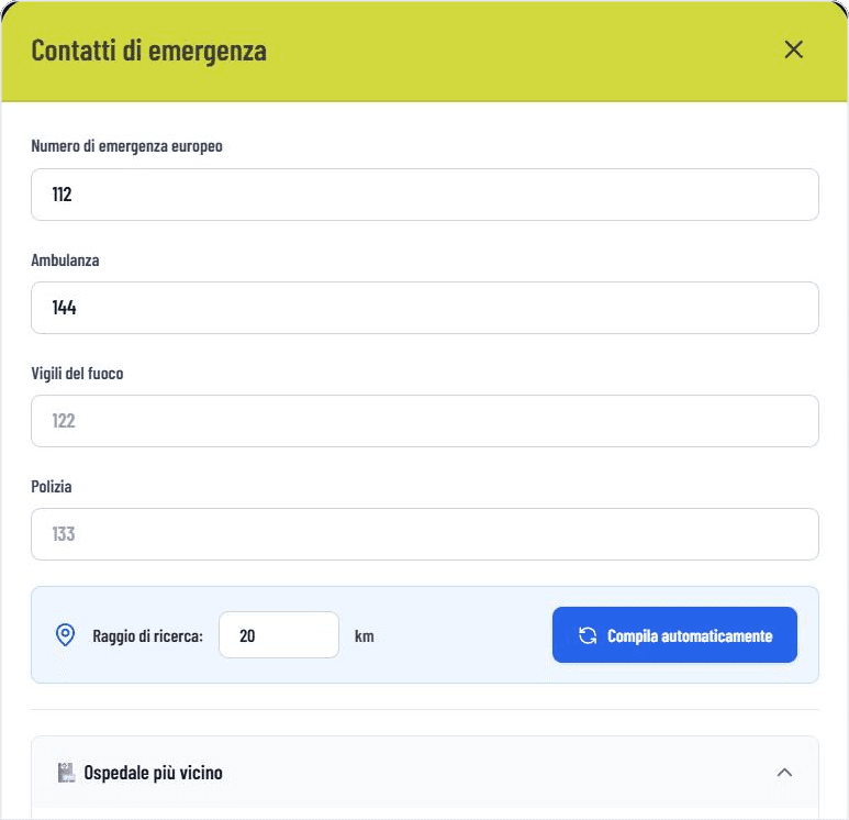 Numeri di emergenza e ricerca automatica di ospedale, farmacia e pediatra nel dashboard di GASTiNFO.EU
