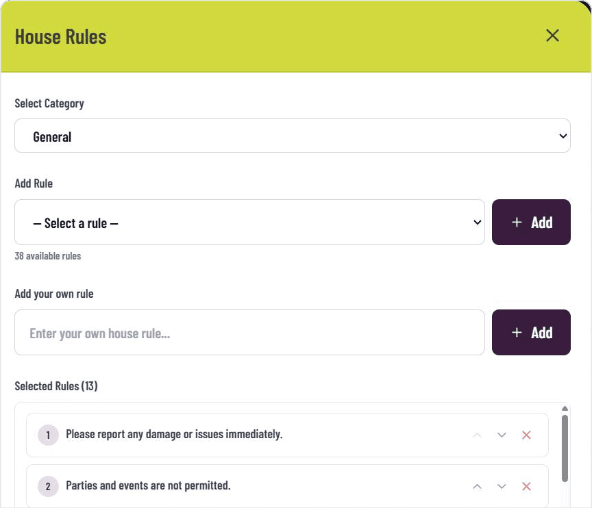 Selecting pre-written house rules and adding custom rules in the GASTiNFO.EU dashboard