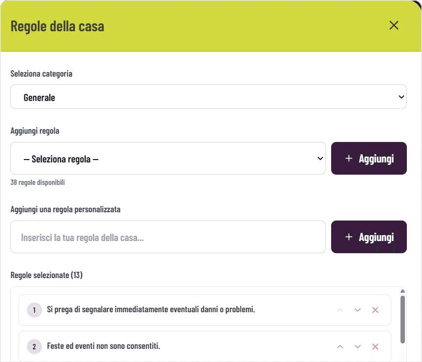 Selezione di regole della casa già pronte e regole personalizzate nel dashboard GASTiNFO.EU
