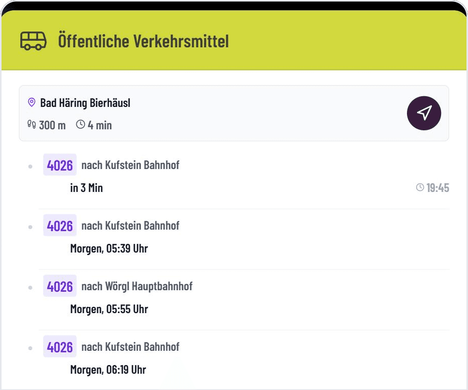 Live-Abfahrtszeiten mit Fahrtziel und Navigation zur Haltestelle im Öffis-Widget von GASTiNFO.EU