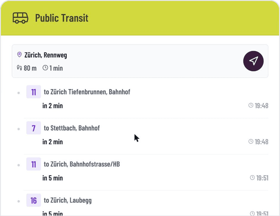 Live departure times with destination and navigation to the stop in the GASTiNFO.EU Public Transit widget