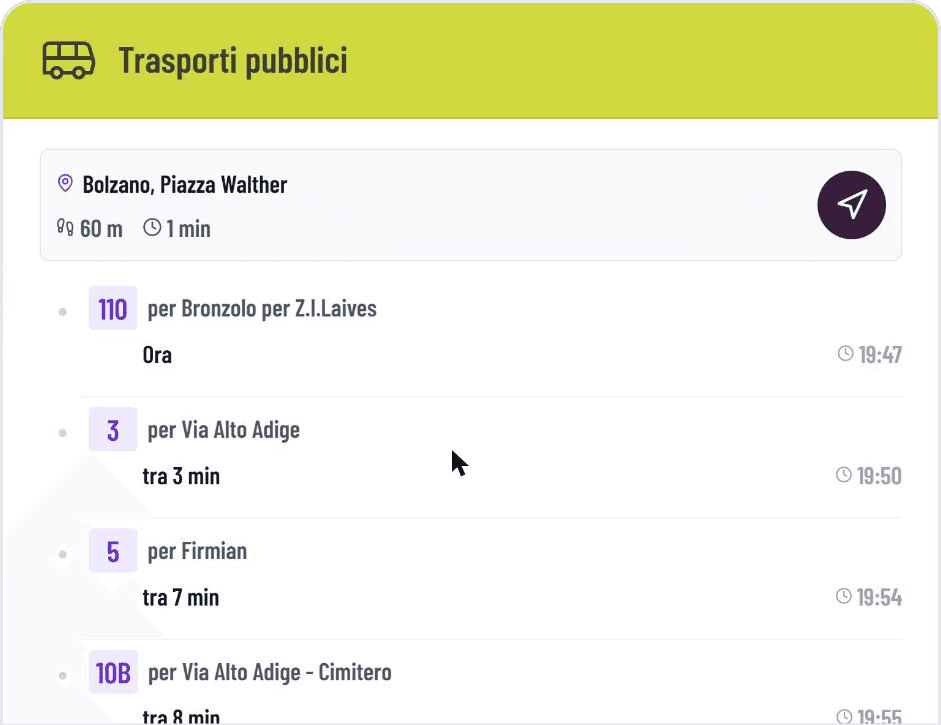 Orari di partenza in tempo reale con destinazione e navigazione verso la fermata nel widget Trasporti Pubblici di GASTiNFO.EU