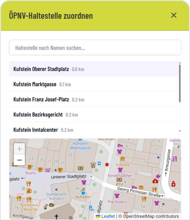 Haltestellen-Auswahl im GASTiNFO.EU-Dashboard: Vermieter wählen die passende Haltestelle per Suche und Kartenvorschau aus
