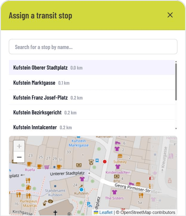 Stop selection in the GASTiNFO.EU dashboard: hosts pick the right stop via search and a map preview