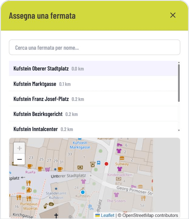 Selezione della fermata nella dashboard di GASTiNFO.EU: gli host scelgono la fermata giusta tramite ricerca e anteprima sulla mappa