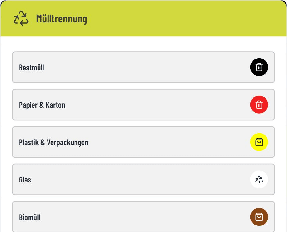 Abfallarten mit farbigem Tonnen-Icon im GASTiNFO.EU Widget