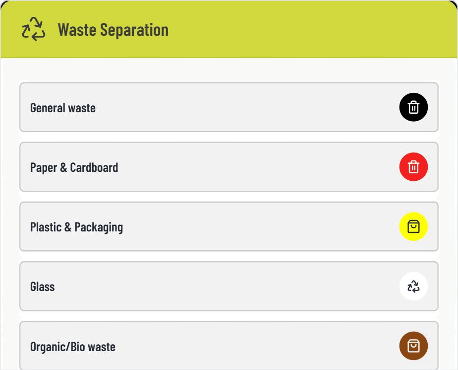 Waste types with colored bin icon in the GASTiNFO.EU widget