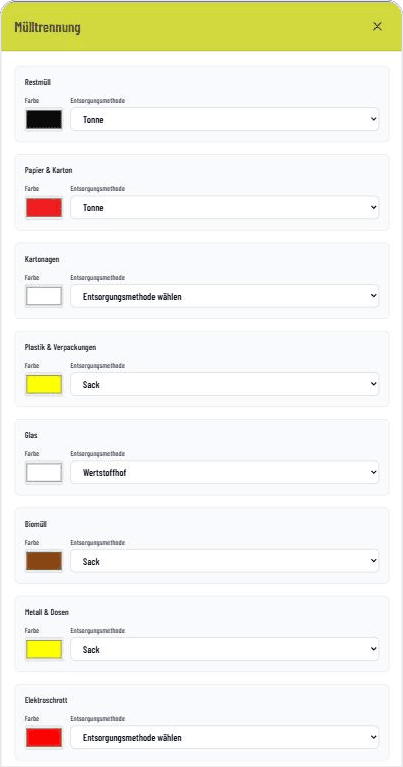 Auswahl von Abfallarten mit Tonnenfarbe und Entsorgungsart im GASTiNFO.EU Dashboard