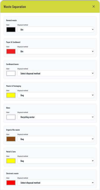 Selecting waste types with bin color and disposal method in the GASTiNFO.EU dashboard