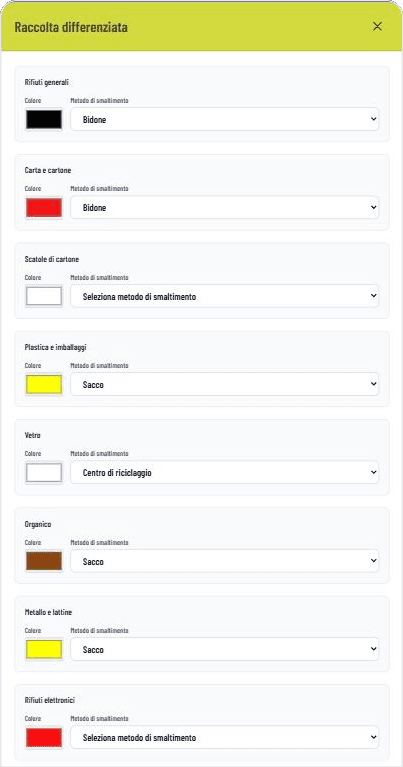 Selezione dei tipi di rifiuti con colore del bidone e metodo di smaltimento nel dashboard GASTiNFO.EU