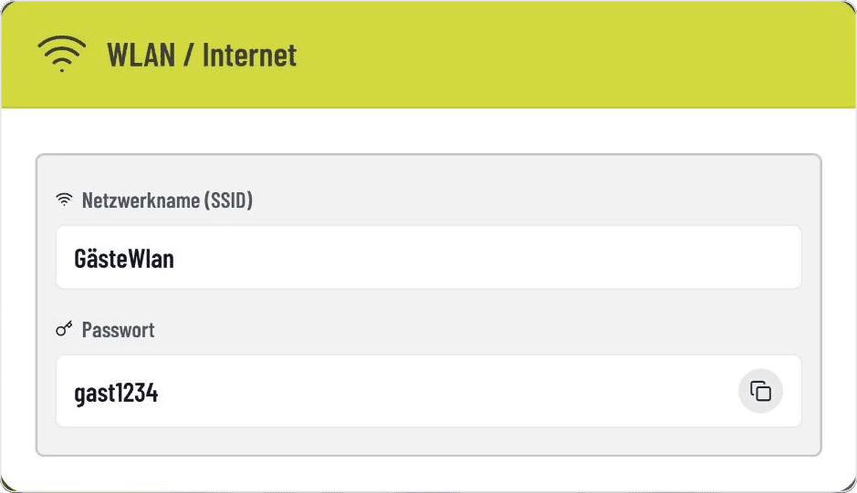 Netzwerkname und Passwort mit Kopier-Funktion im GASTiNFO.EU WLAN-Widget