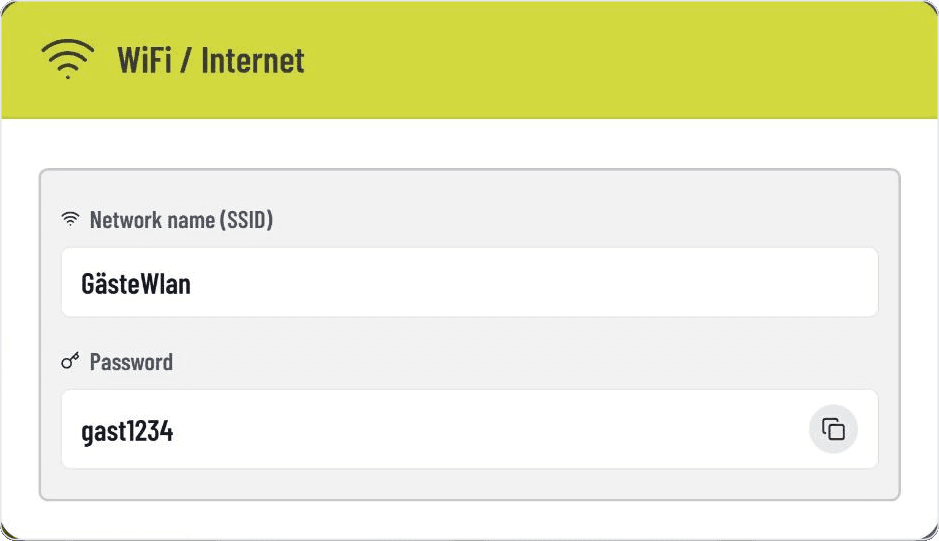 Network name and password with a copy button in the GASTiNFO.EU WiFi widget