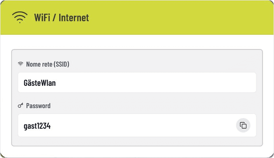 Nome rete e password con pulsante di copia nel widget WiFi di GASTiNFO.EU