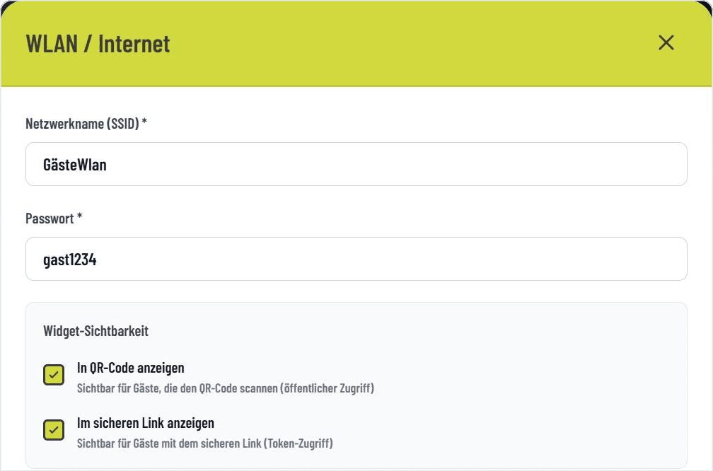 WLAN-Zugangsdaten im GASTiNFO.EU Dashboard hinterlegen: Netzwerkname, Passwort und Sichtbarkeit einstellen