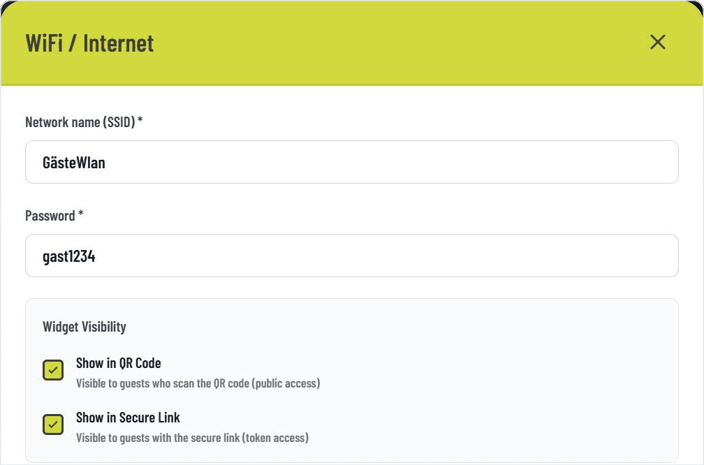 Entering WiFi credentials in the GASTiNFO.EU dashboard: network name, password and visibility settings