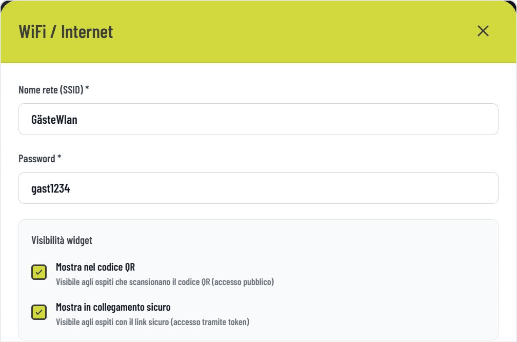 Inserimento delle credenziali WiFi nel dashboard di GASTiNFO.EU: nome rete, password e impostazioni di visibilità